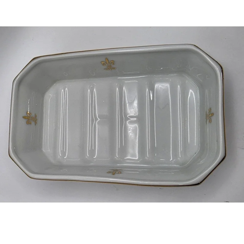 Sevres French Style Japan Porcelain Soap Dish White Gold Fleur De Lis 2797